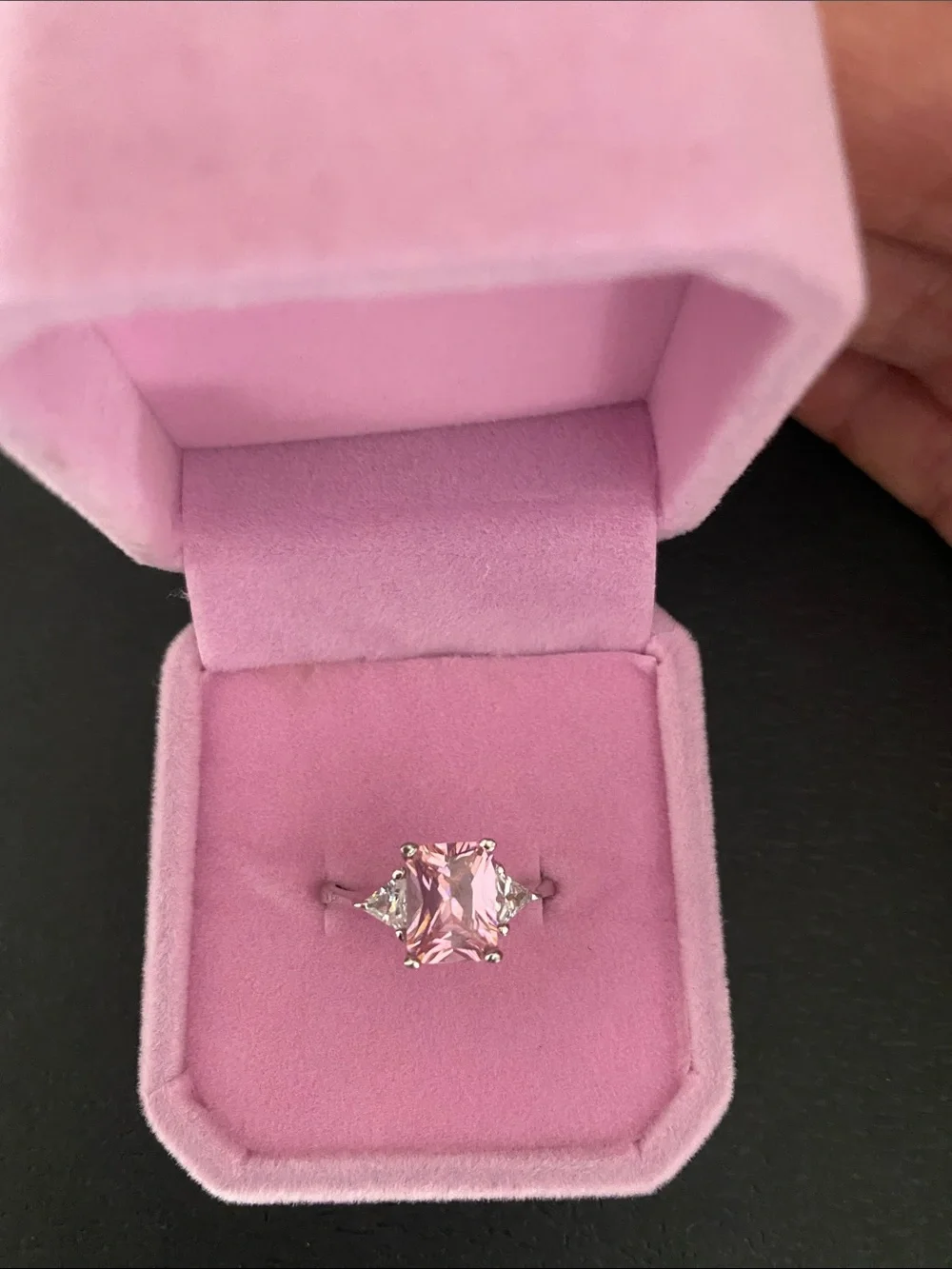 Pink Cushion-Cut Solitaire Ring with Side Accents in 925 Sterling size 7